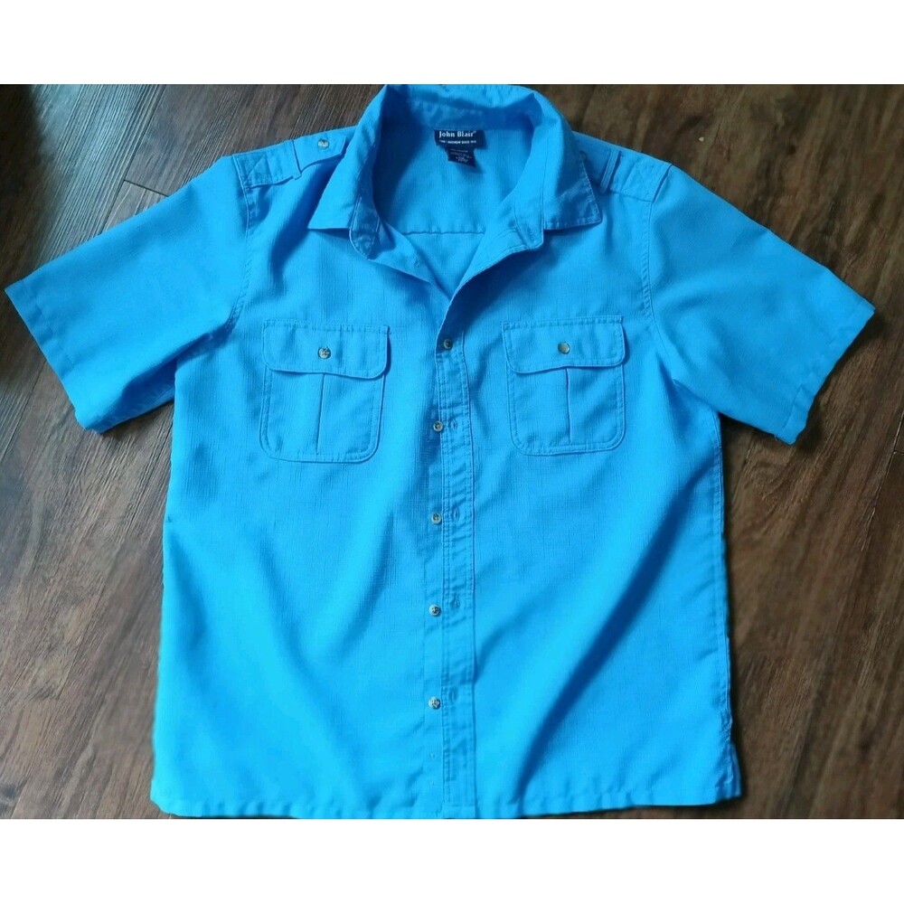Classic John Blair Mens Safari Short Sleeve Shirt Blue Epaulets (L)
